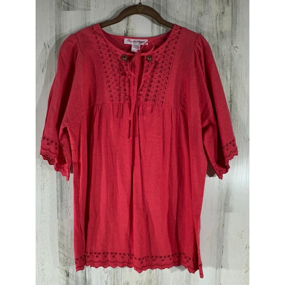 Lily‎ Stanhope Tunic Top Size Large Coral Pink Eyelet Lace Trim Linen Blend